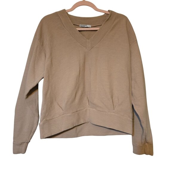 Stateside Women's Brown Rachel Chunky Ribbed V-Neck Raglan Long Sleeve Sweater L - Picture 2 of 8